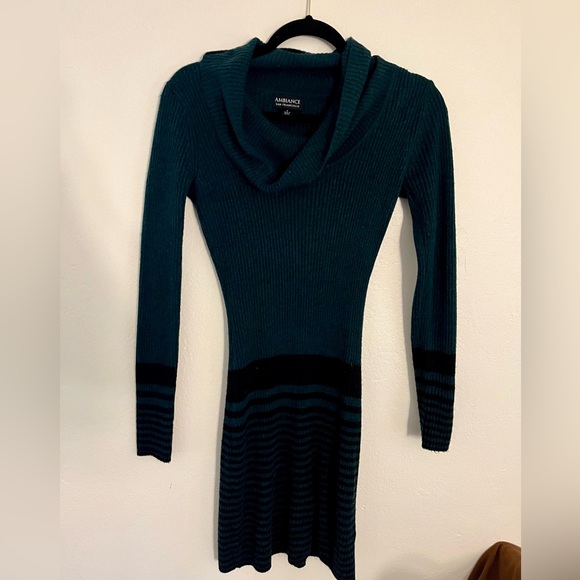 Emerald Green Cowl-Neck Striped Sweater dress - Picture 3 of 5